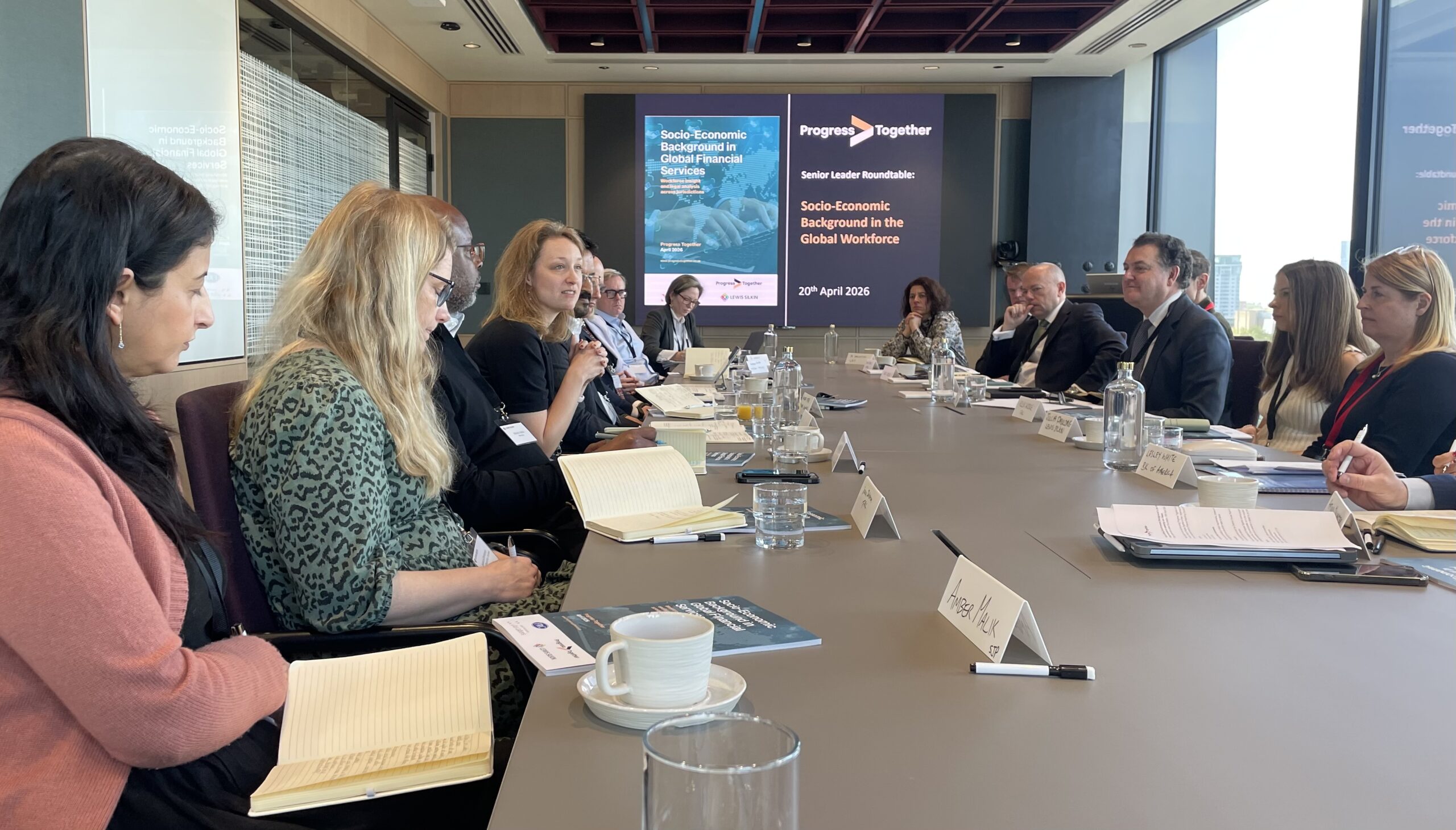 Senior leaders in financial services at a Progress Together roundtable discussing socio-economic background in the global workforce.